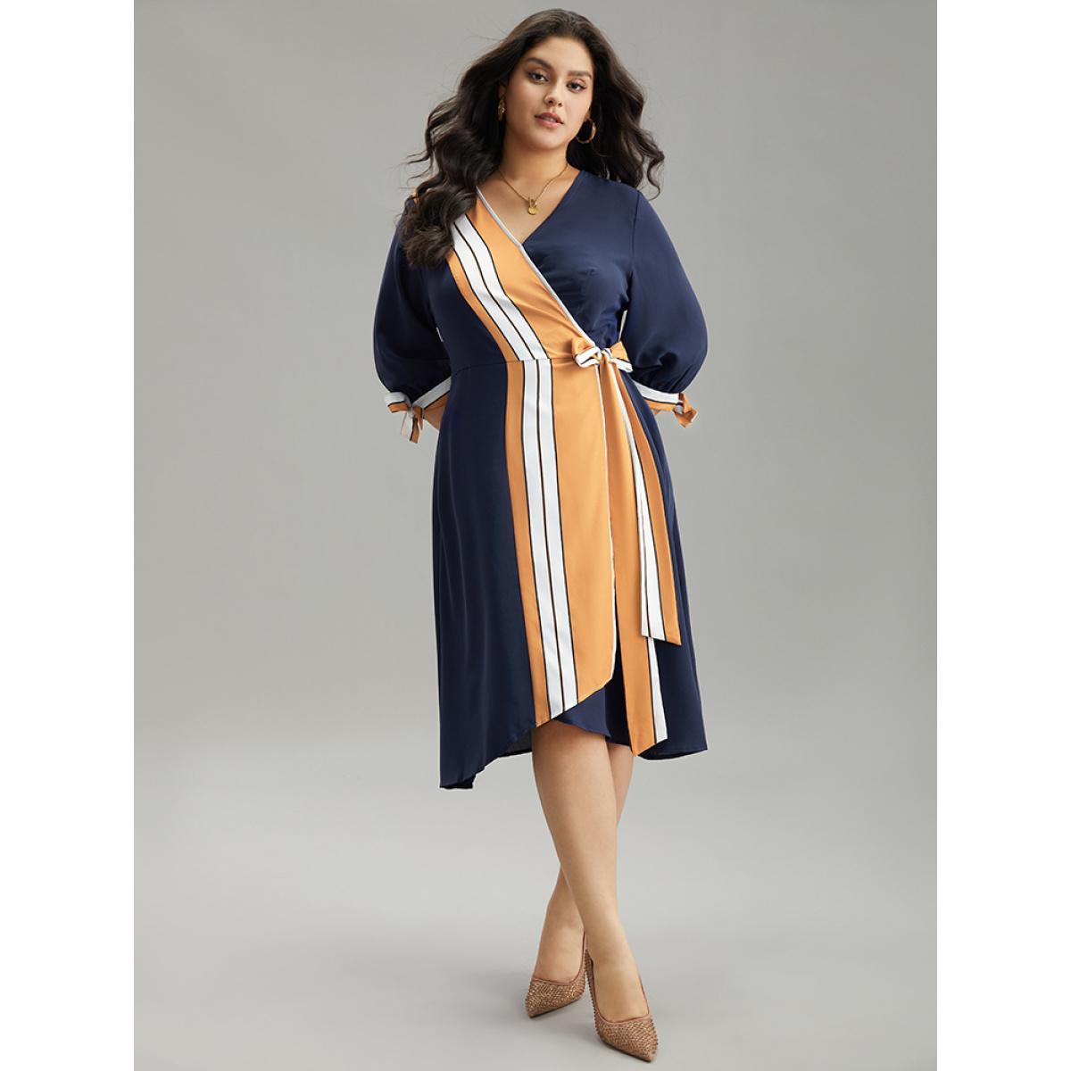 Plus Size Contrast Striped Patchwork Wrap Dress Midnight Women Elegant Wrap V-neck Elbow-length sleeve Curvy Midi Dress BloomChic 22-24/3X Product Image