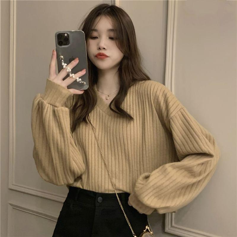Drop Shoulder V-Neck Plain Ribbed Knit Sweater Product Image