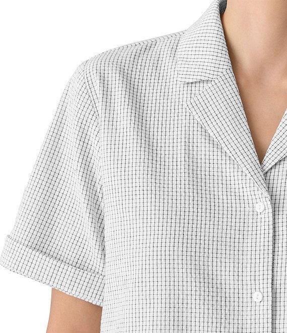 Eileen Fisher Organic Cotton Grid Pattern Notch Collar Short Sleeve Button Front Shirt Product Image