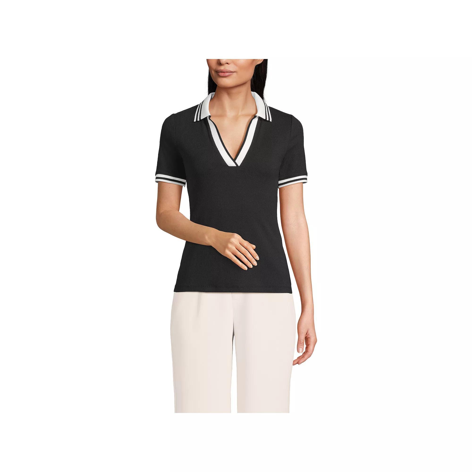 Petite Lands' End Short Sleeve Polished Rib Polo, Women's, Size: XS Petite, Ivory Vibrant Green Product Image