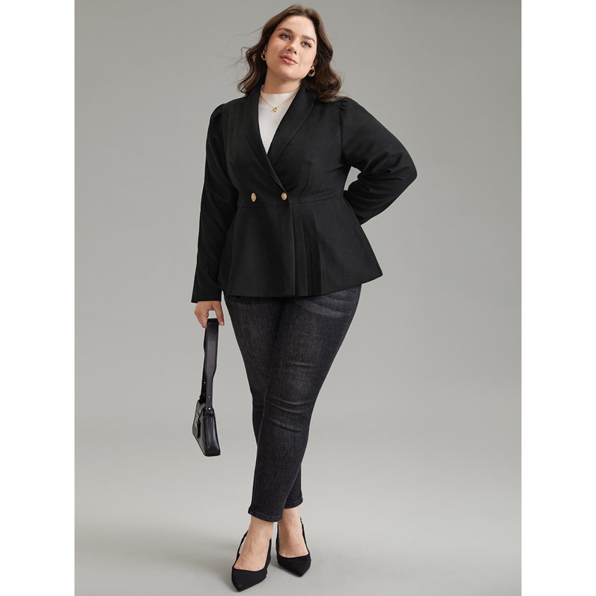 Plus Size Lapel Collar Plicated Detail Button Up Blazer Black Women Work Plain Lined Sleeve Long Sleeve Lapel Collar 12/L Workwear Essentials Blazers BloomChic Product Image