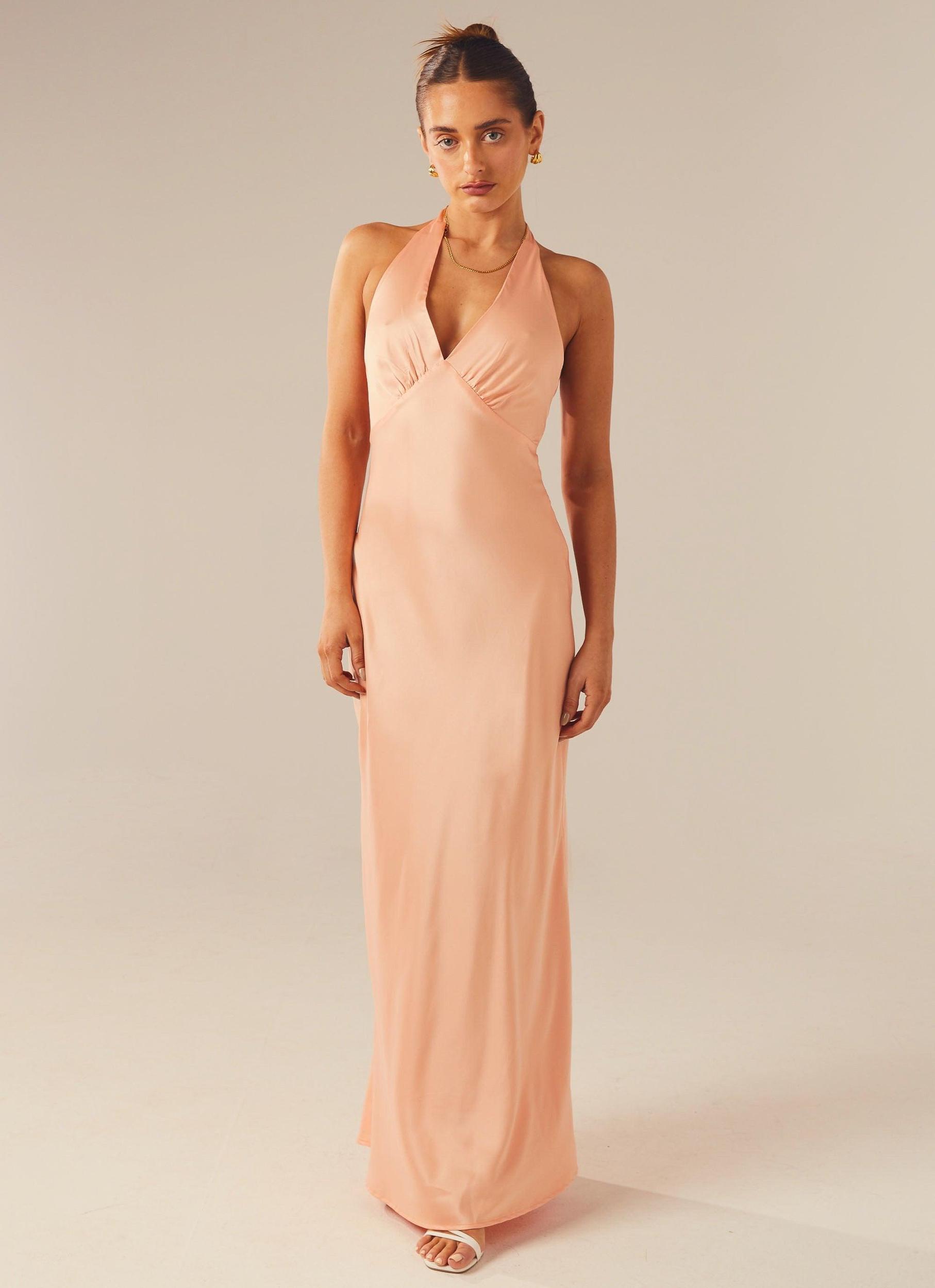 Heavy Hearted Satin Maxi Dress - Peach Product Image