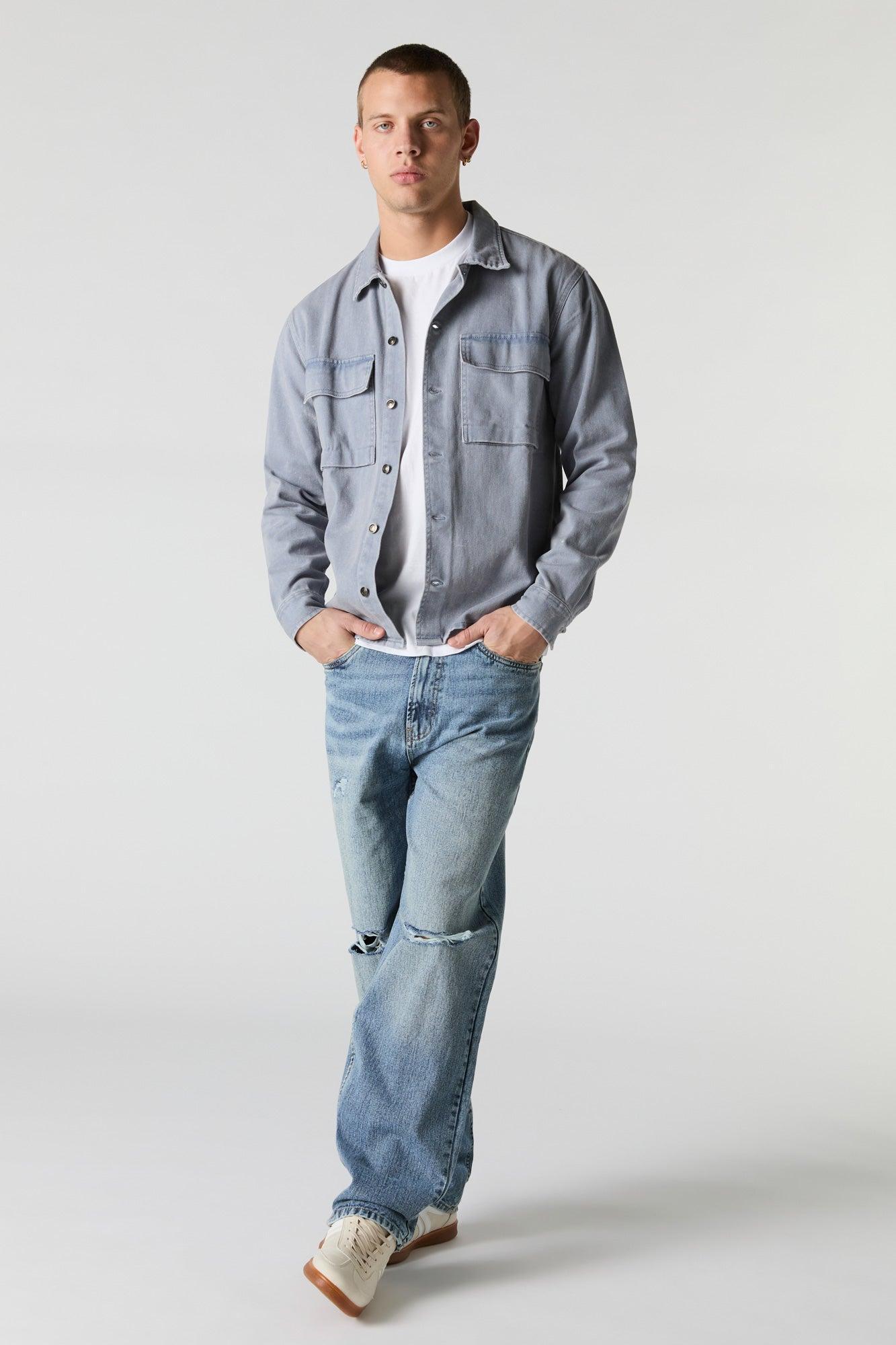 Denim Wash Collared Button-up Top Male Product Image