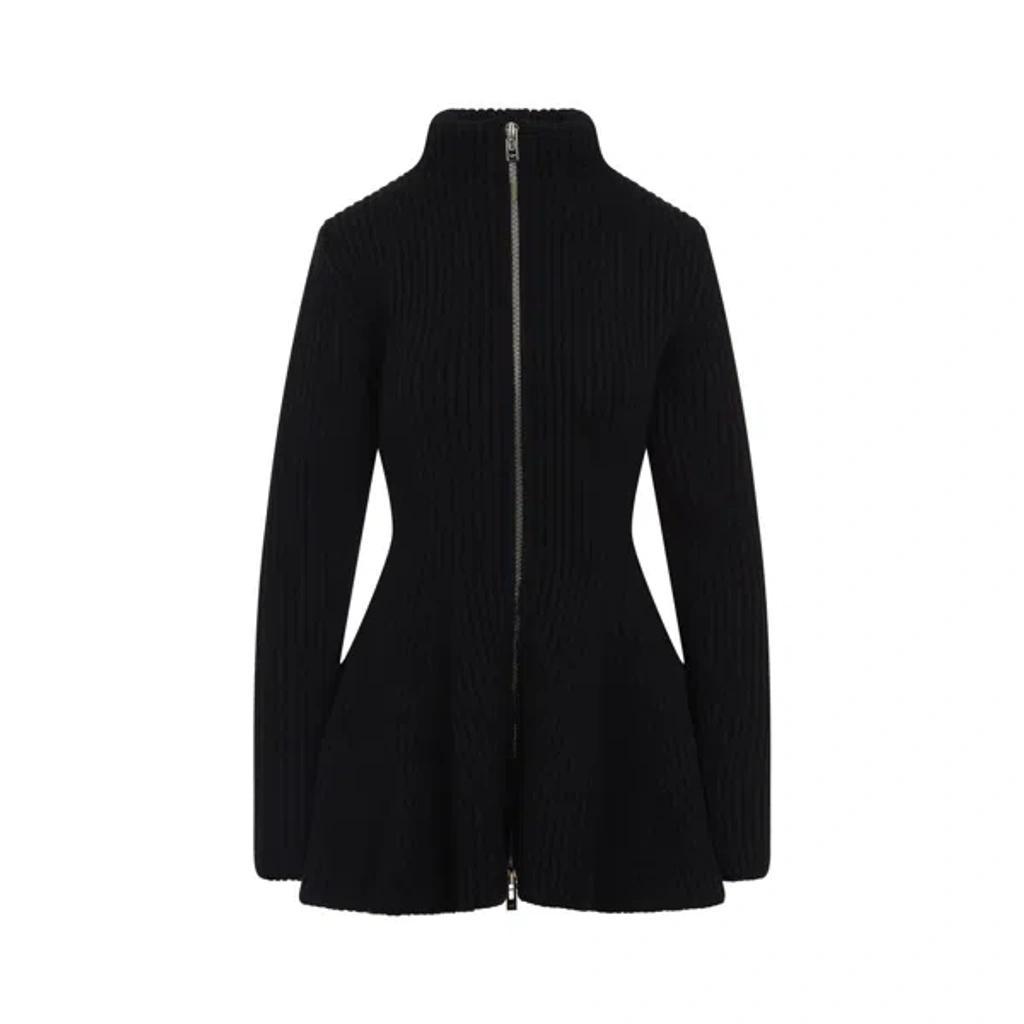 ALAÏA Peplum Zip-up Wool Cashmere Cardigan In Black Product Image