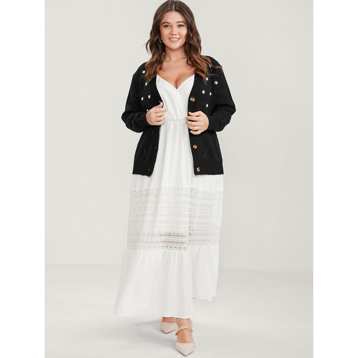 Plus Size Solid Pointelle Knit Pearl Beaded Crochet Button Front Cardigan Black Women Elegant Loose Long Sleeve Dailywear Cardigans BloomChic 28/5X Product Image