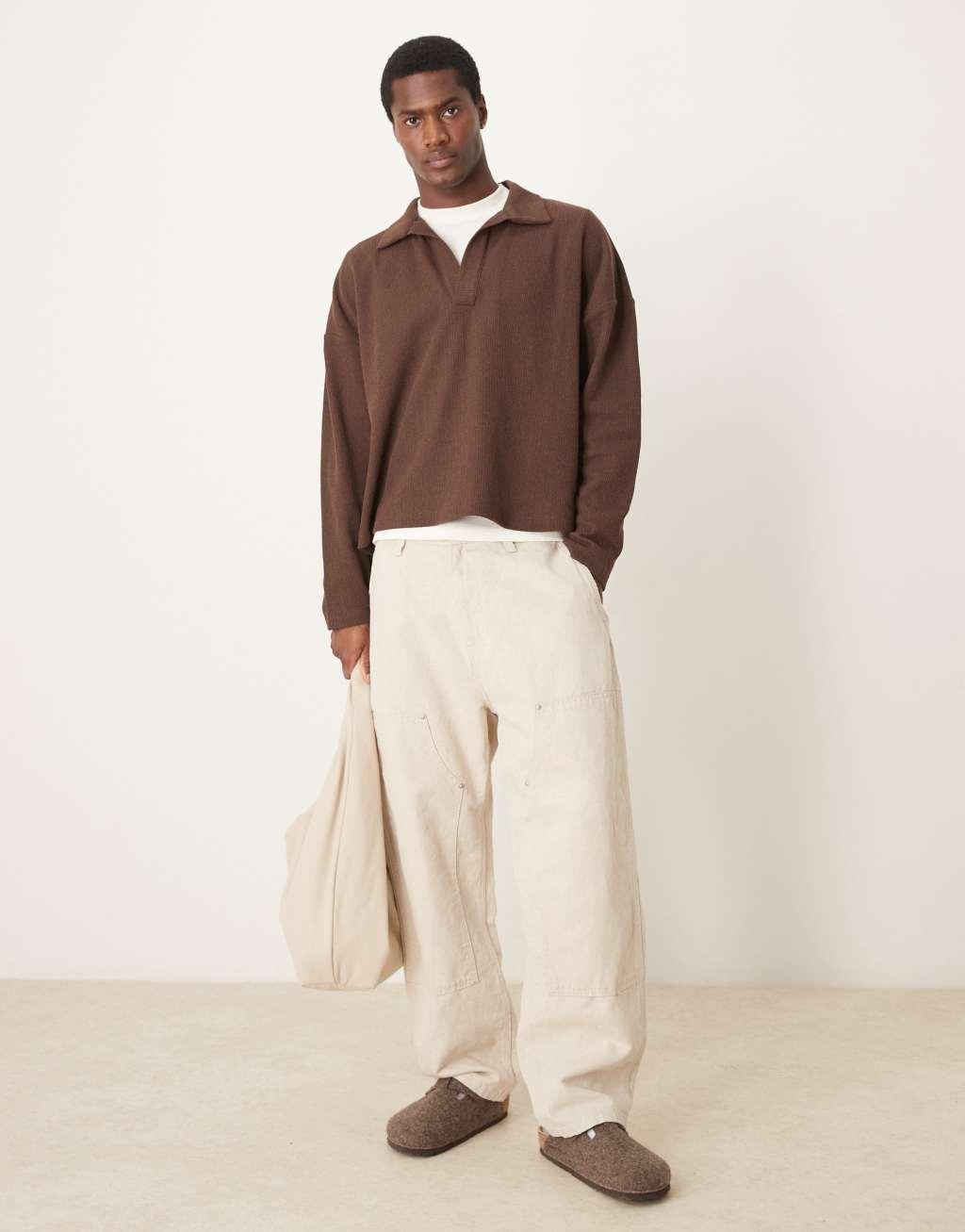 ASOS DESIGN oversized drop shoulder lightweight polo sweater with knit effect in brown Product Image
