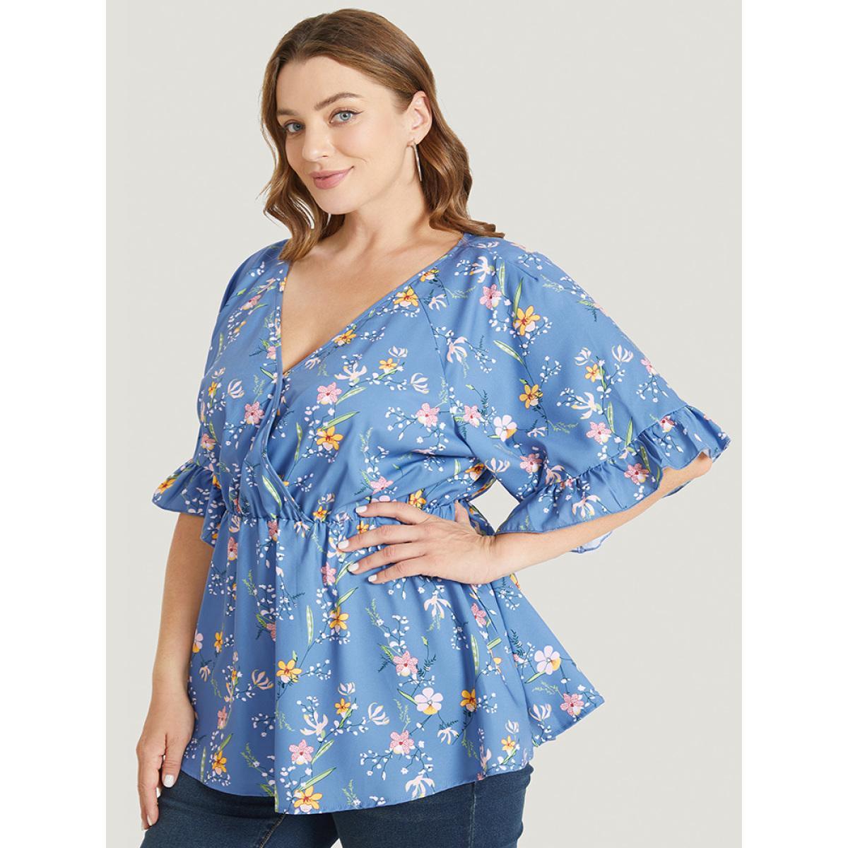 Plus Size Stone Floral Print Ruffles Flounce Sleeve Surplice Neck Blouse Women Elegant Short sleeve V-neck Dailywear Blouses BloomChic 18-20/2X Product Image