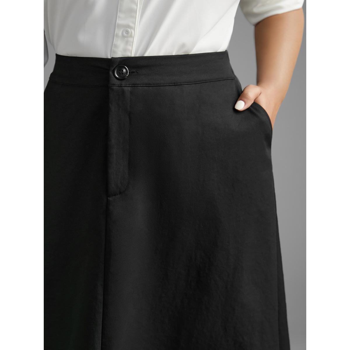 Plus Size Solid Button Up Slightly Stretchy Skirt Women Black At the Office Button Loose Low stretch Slanted pocket Work Skirts BloomChic 12/L Product Image