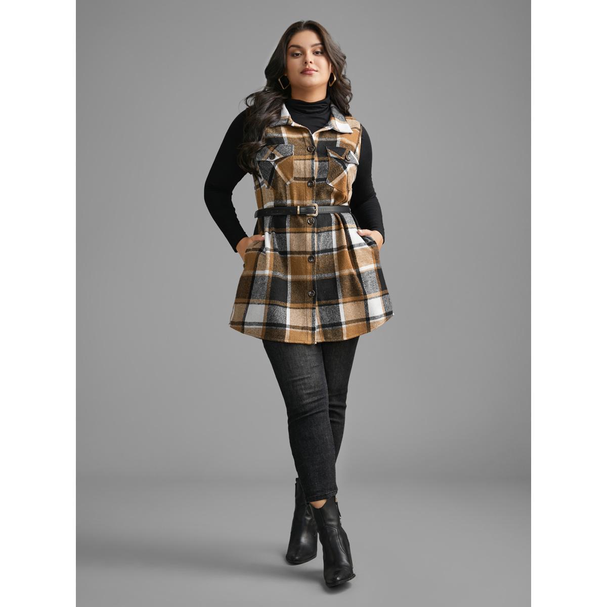 Plus Size Plaid Flap Detail Sleeveless Jacket Women Yellowishbrown Button Side seam pocket Everyday Jackets BloomChic 28/5X Product Image