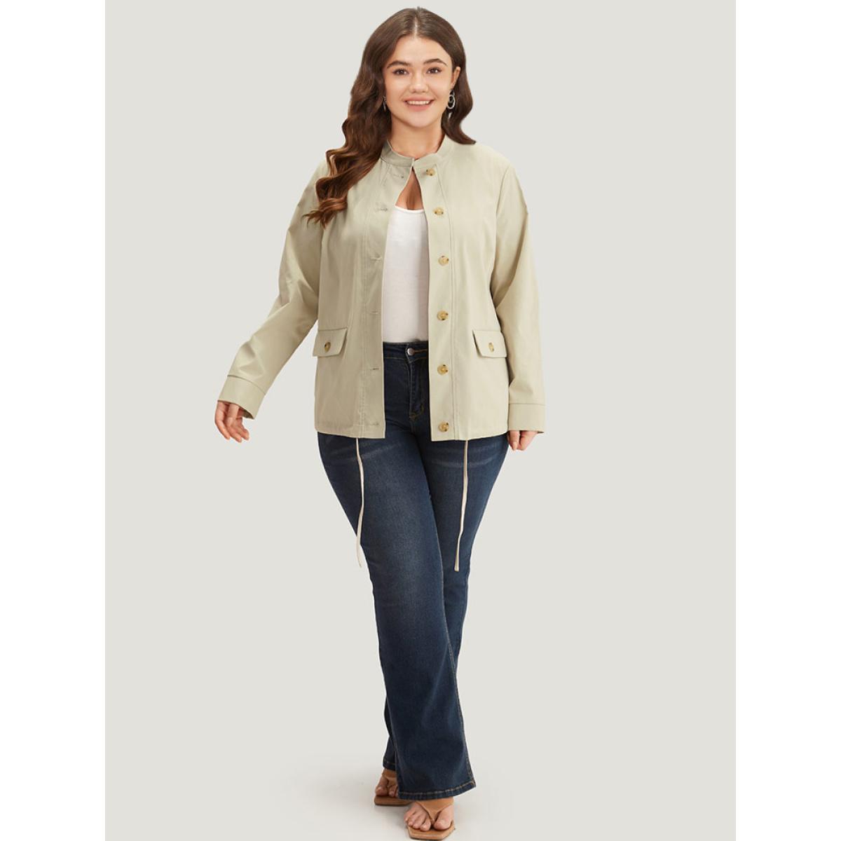 Plus Size Solid Stand Collar Drawstring Flap Pocket Jacket Women Ivory Casual Plain Ladies Dailywear Winter Coats BloomChic 30/6X Product Image