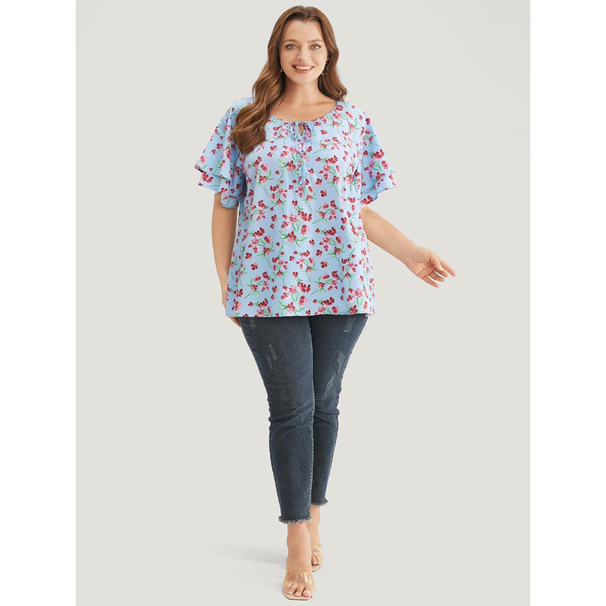 Plus Size LightBlue Ditsy Floral Keyhole Knot Neck Tiered Sleeve Blouse Women Elegant Short sleeve Round Neck Dailywear Blouses BloomChic 22-24/3X Product Image