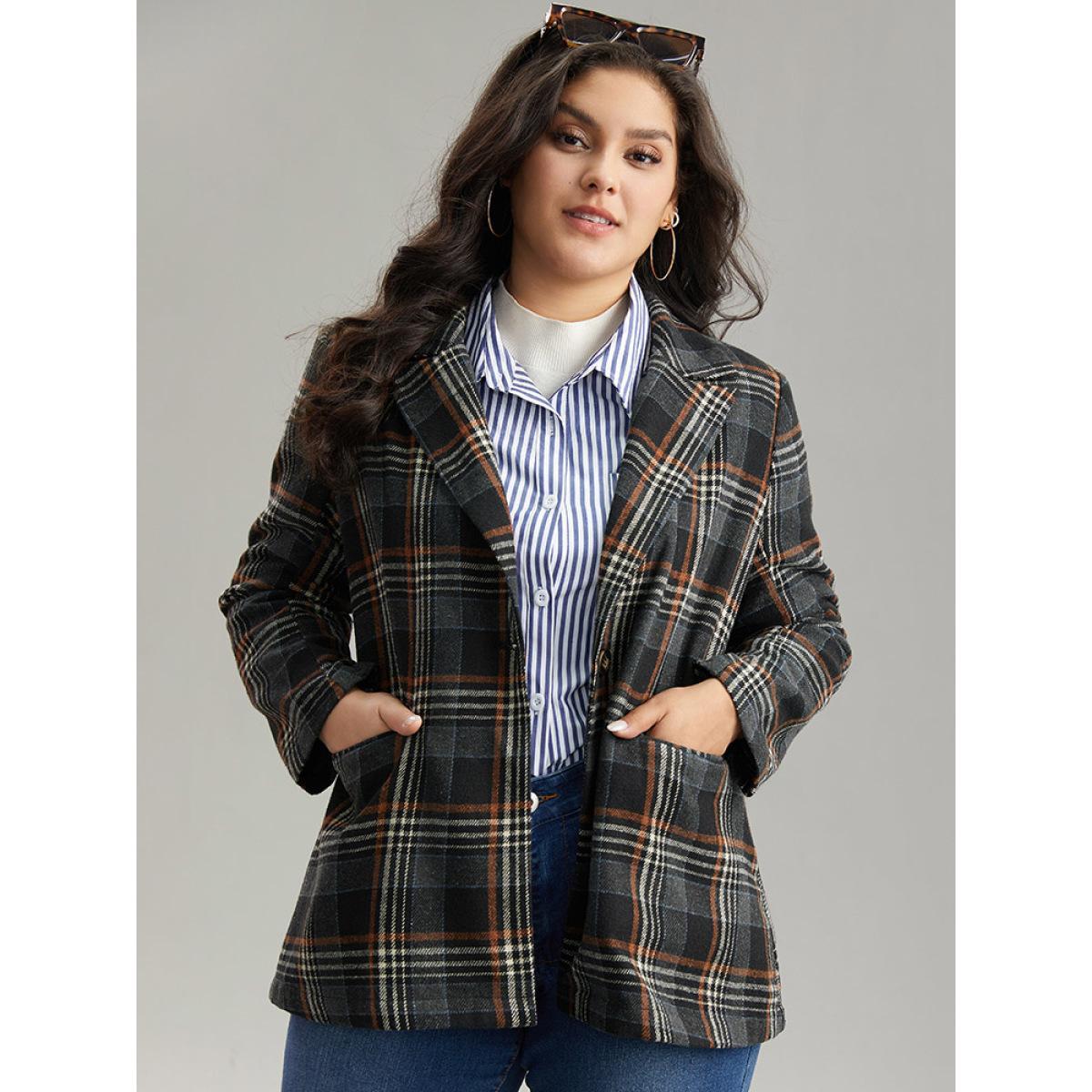 Plus Size Plaid Contrast Pocket Button Up Blazer Women Black Casual Contrast Ladies Dailywear Winter Coats BloomChic 22-24/3X Product Image