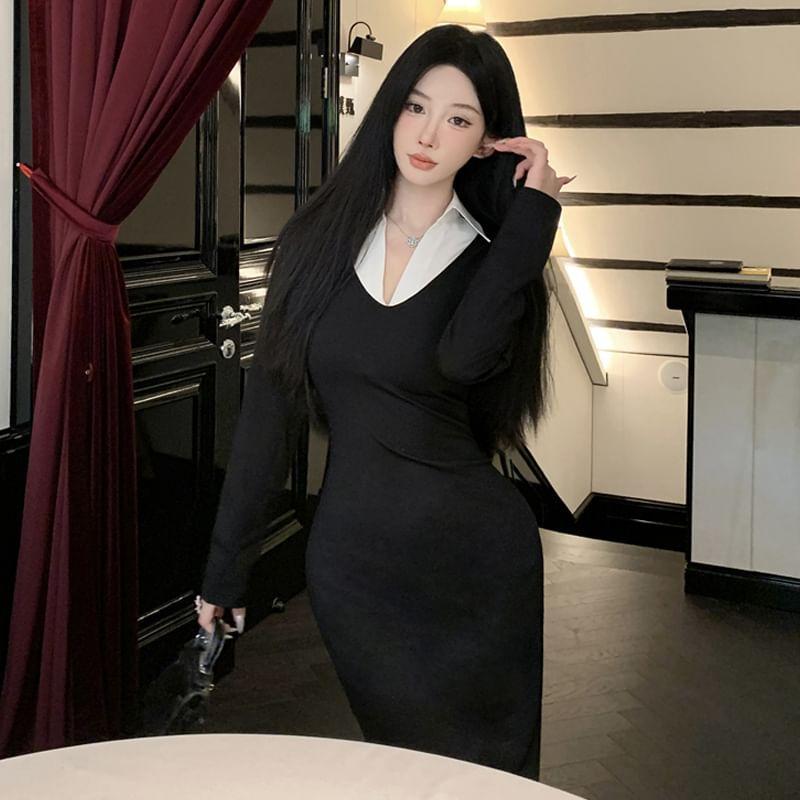 Long Sleeve Collared Mock Two Piece Bodycon Midi Dress Product Image
