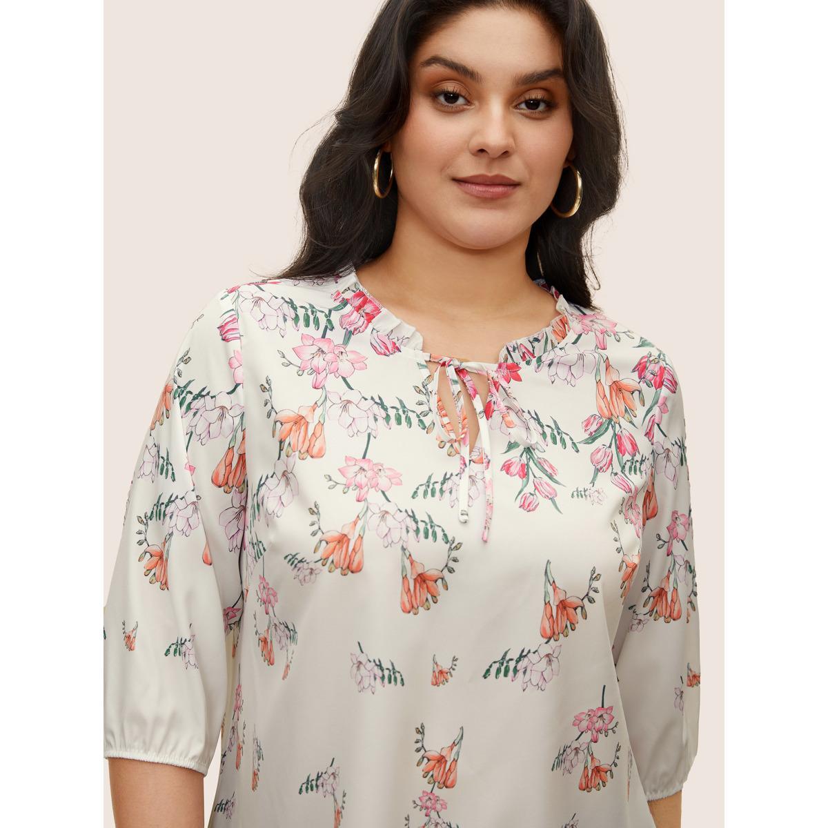 Plus Size White Boho Print Tie Neck Frill Trim Blouse Women Elegant Elbow-length sleeve Notched collar Everyday Blouses BloomChic 10/M Product Image