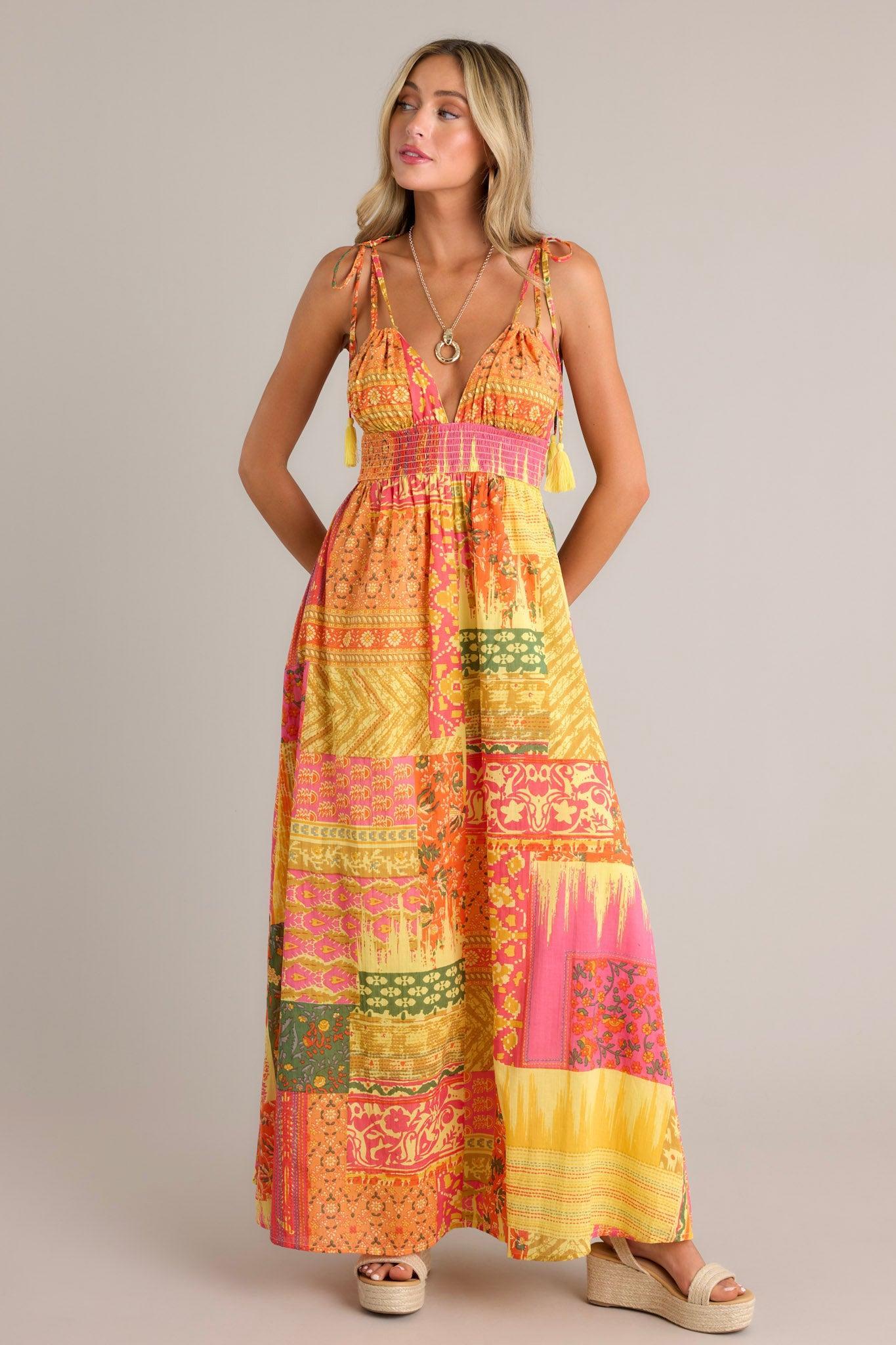 Patchwork Paradise Cotton Orange Multi Maxi Dress Product Image
