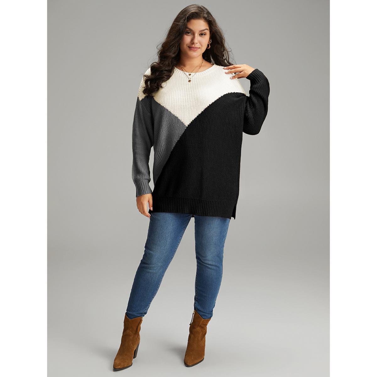 Plus Size Colorblock Split Side Drop Shoulder Pullover Black Women Casual Loose Long Sleeve Round Neck Dailywear Pullovers BloomChic 12/L Product Image