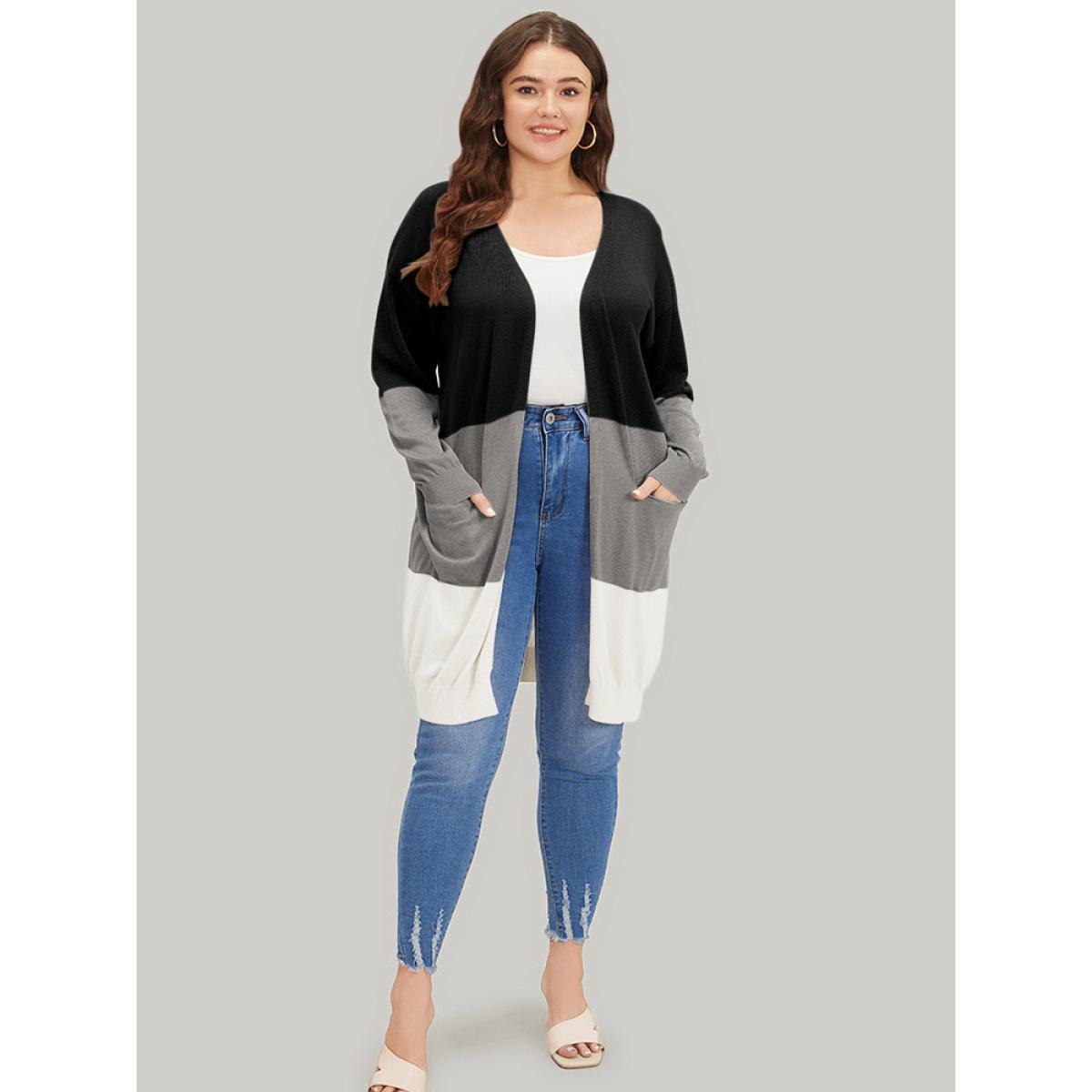 Plus Size Supersoft Essentials Colorblock Pocket Tunic Cardigan Black Women Casual Loose Long Sleeve Everyday Cardigans BloomChic 14-16/1X Product Image