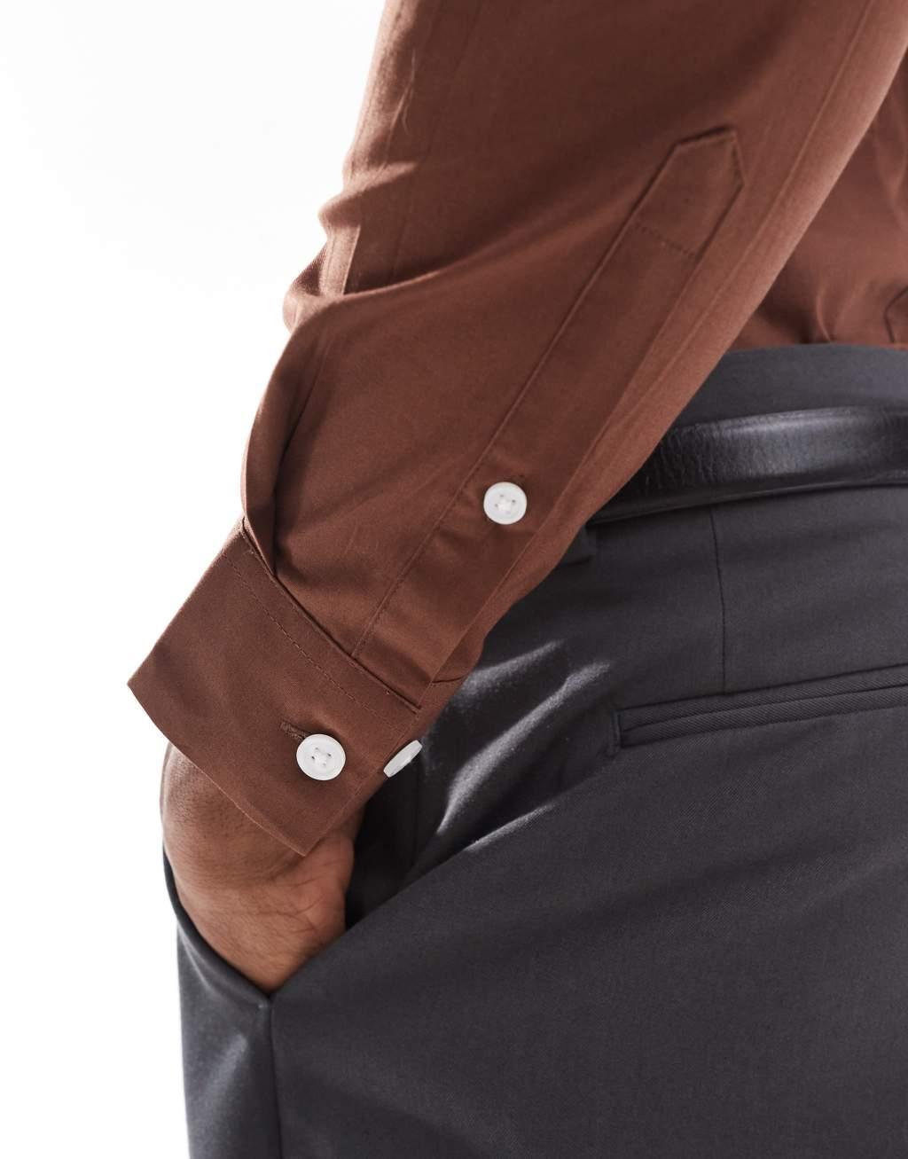  ASOS DESIGN skinny poplin shirt with square collar in brown Product Image