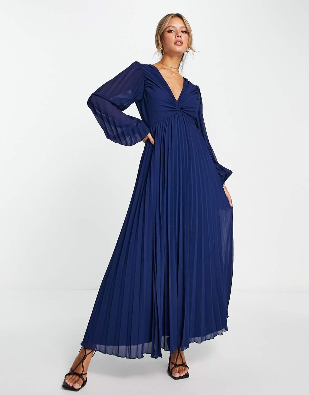 ASOS DESIGN pleated bodice plunge neck midi dress Product Image