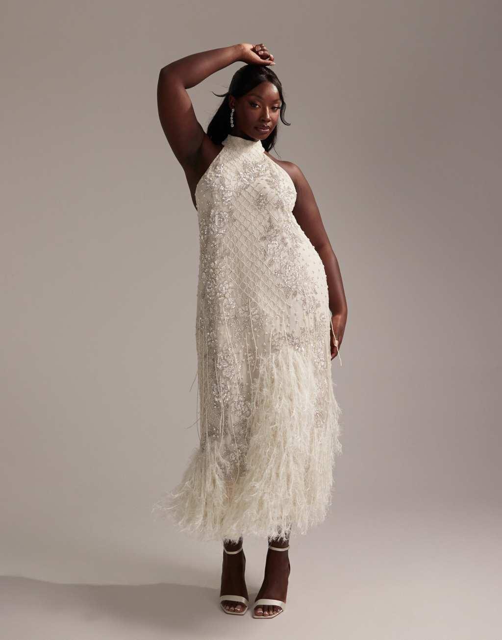 ASOS DESIGN Curve floral embellished halter maxi wedding dress with fringe hem Product Image