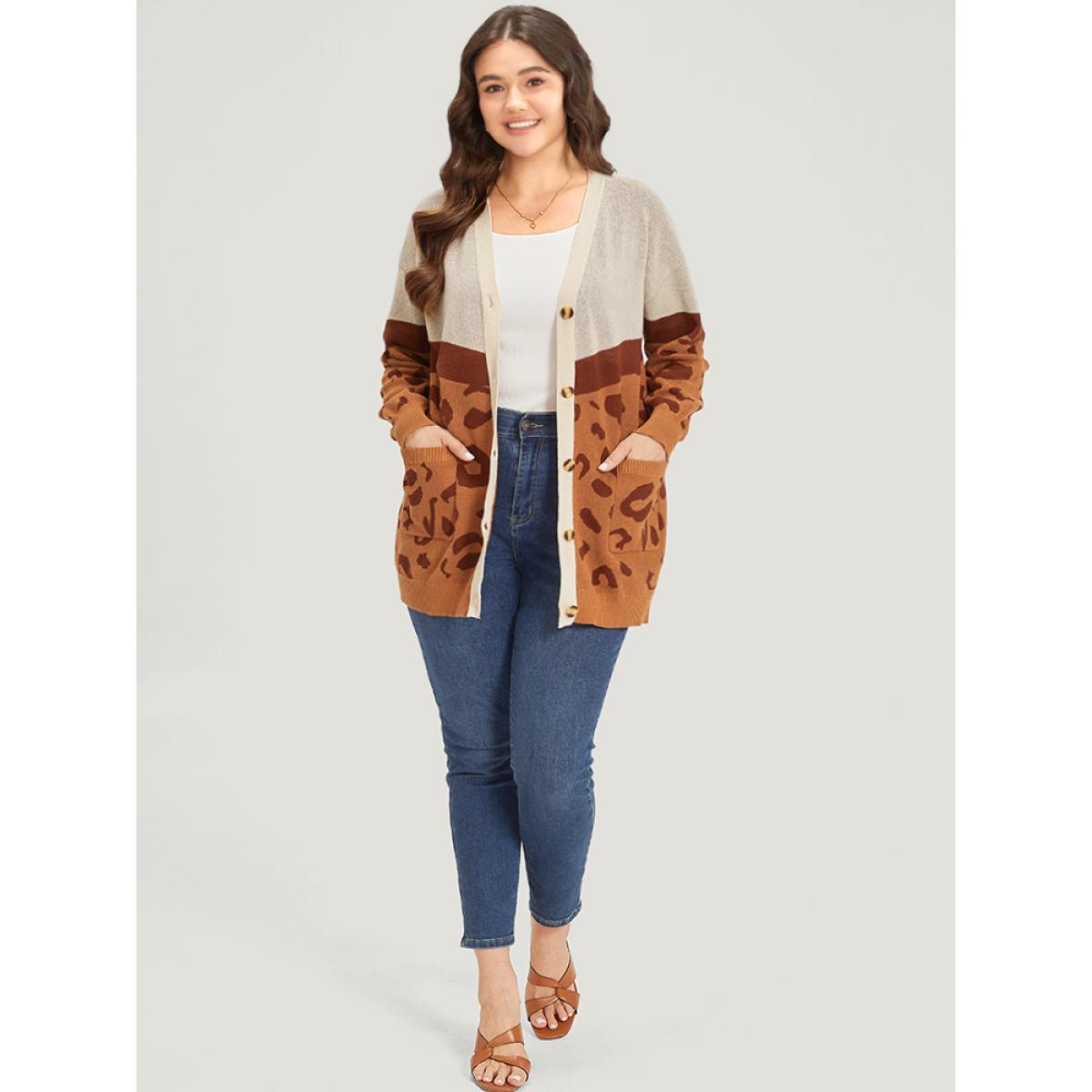 Plus Size Leopard Print Contrast Button Down Patched Pocket Cardigan Chocolate Women Casual Loose Long Sleeve Dailywear Cardigans BloomChic 18-20/2X Product Image