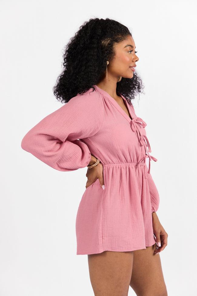 Endless Sunshine Pink Tie Front Long Sleeve Romper FINAL SALE Product Image