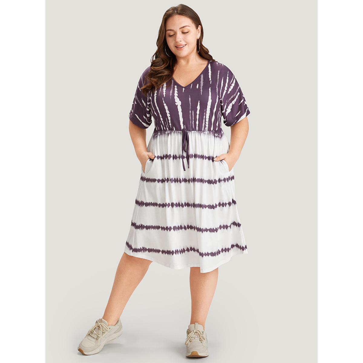 Plus Size Tie Dye Batwing Sleeve Pocket Knot Front Dress Mauve Women Casual Lined V-neck Short sleeve Curvy Midi Dress BloomChic 14-16/1X Product Image