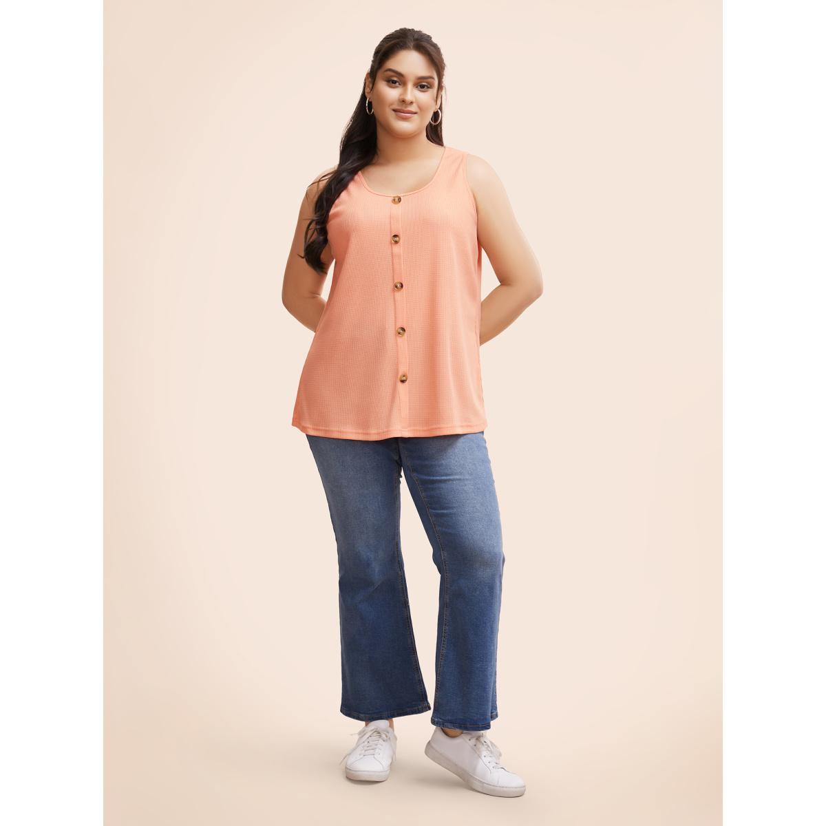 Plus Size Solid Button Detail Waffle Knit Tank Top Women Coral Casual Button Round Neck Everyday Tank Tops Camis BloomChic 18-20/2X Product Image