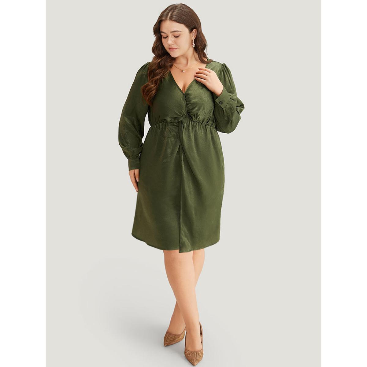 Plus Size Solid Wrap Twist Front Elastic Waist Dress ArmyGreen Women Office Plain V-neck Half Sleeve Curvy Knee Dress BloomChic 30/6X Product Image