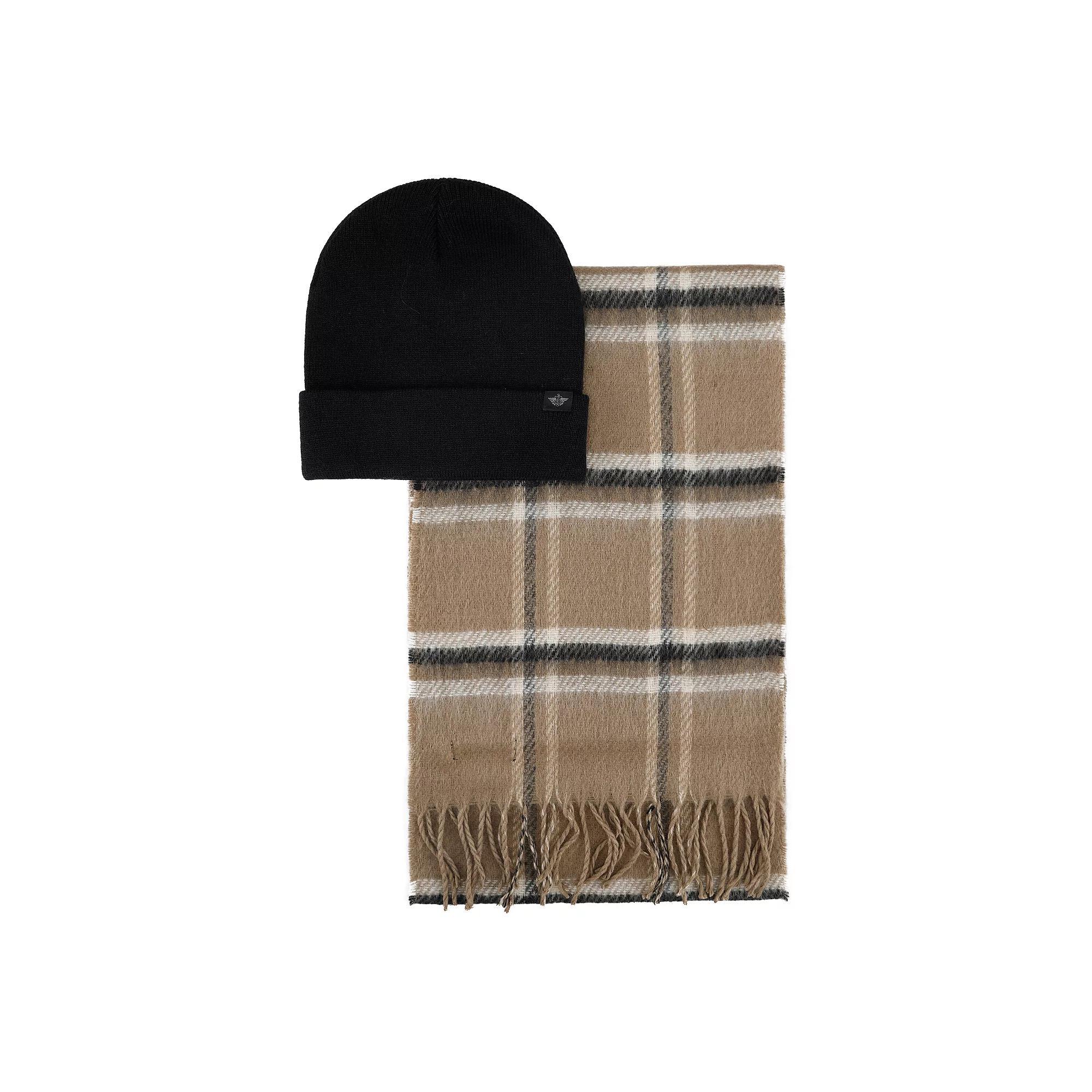 Men's Dockers® Flat Knit Beanie & Box Grid Scarf Cold Weather Set, Black Khaki Product Image