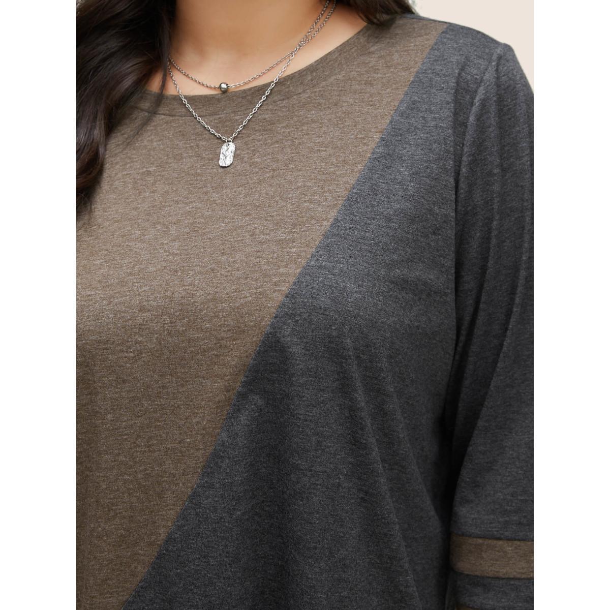 Plus Size Two Tone Contrast Round Neck T-shirt Multicolor Women Casual Contrast Plain Round Neck Everyday T-shirts BloomChic 28/5X Product Image