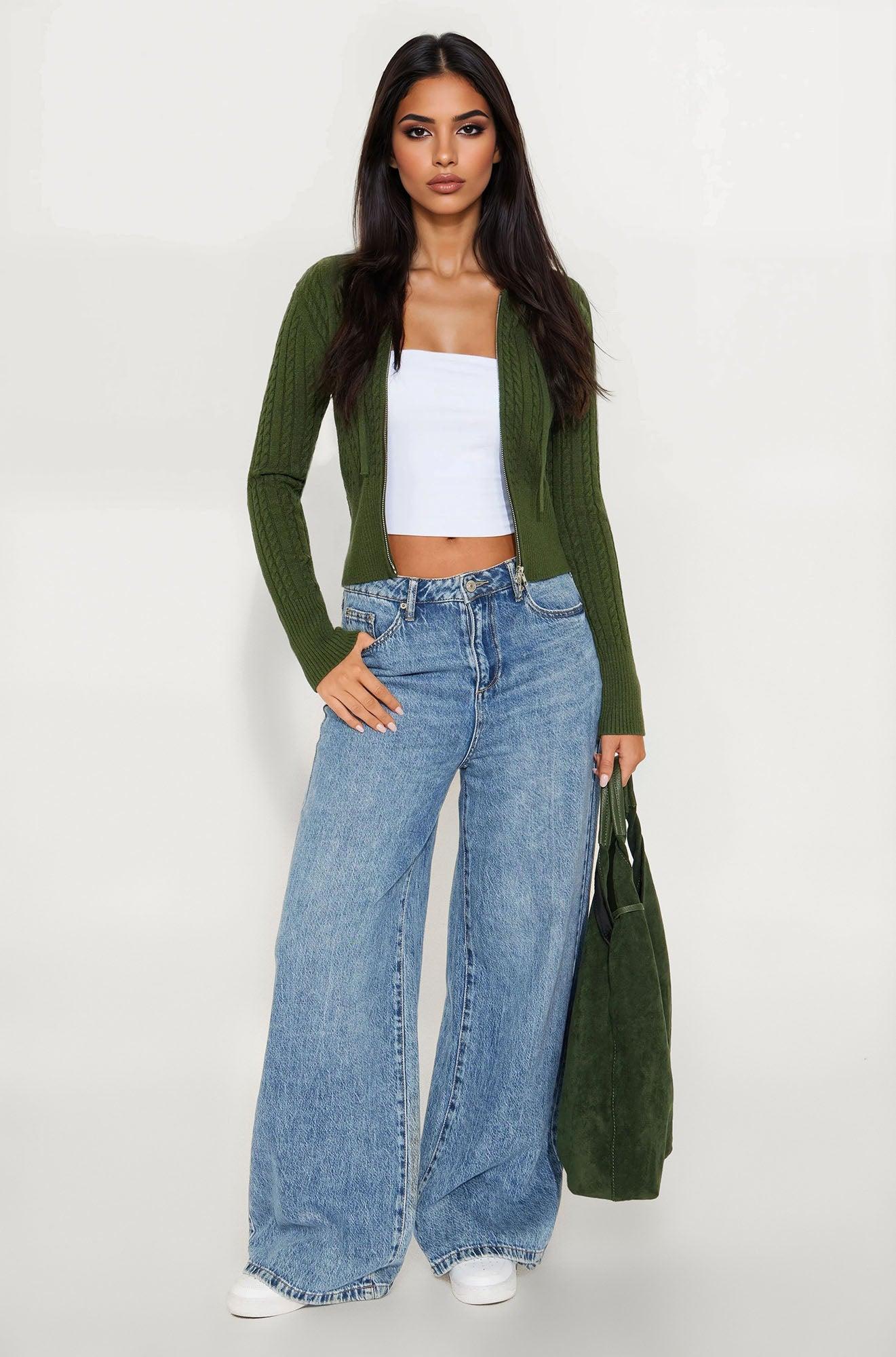 Kennedy Cable Knit Zip Front Hooded Sweater - Olive Product Image