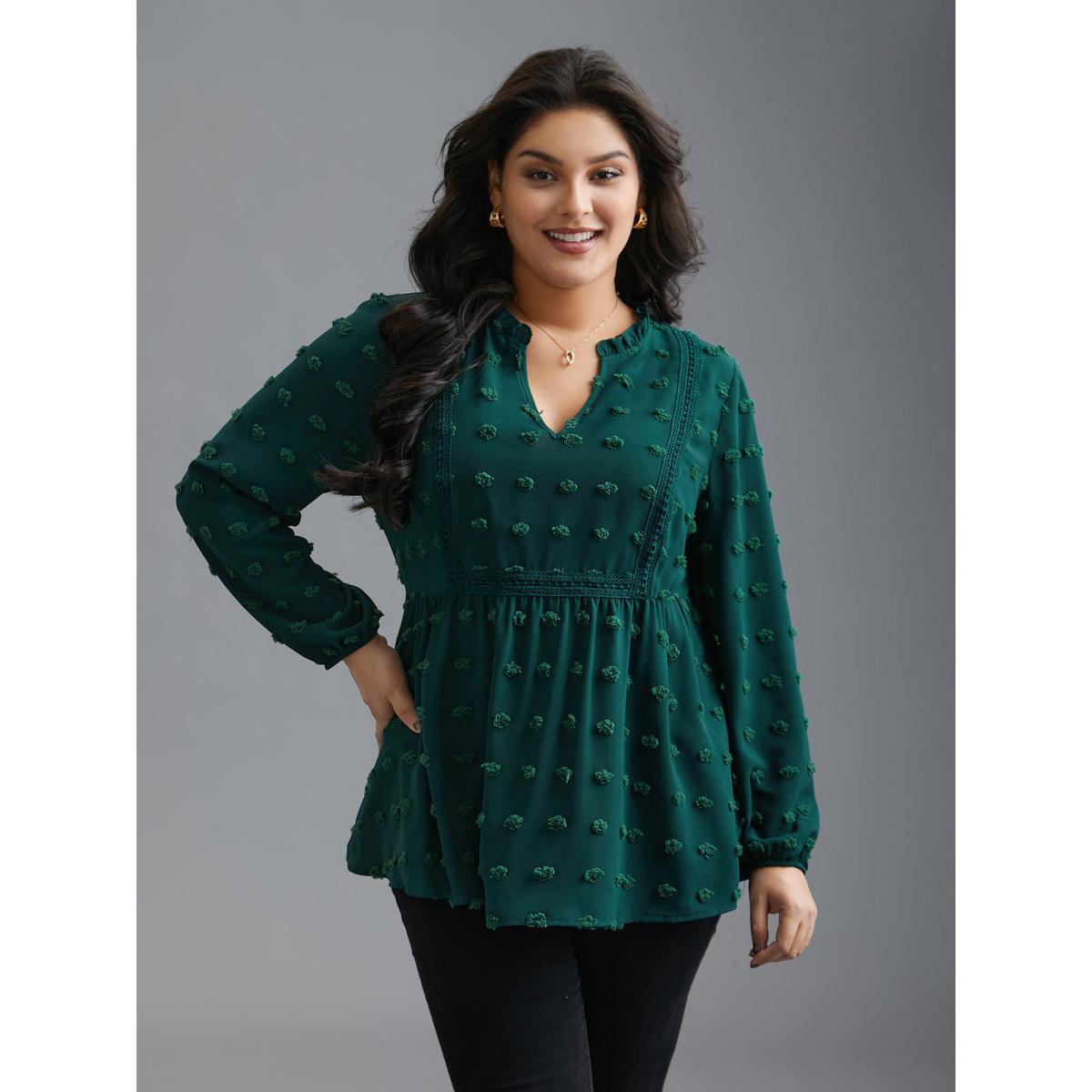 Plus Size DarkGreen Notched Collar Ruffle Trim Textured Blouse Women Elegant Extra Long Sleeve V-neck Everyday Blouses BloomChic 30/6X Product Image