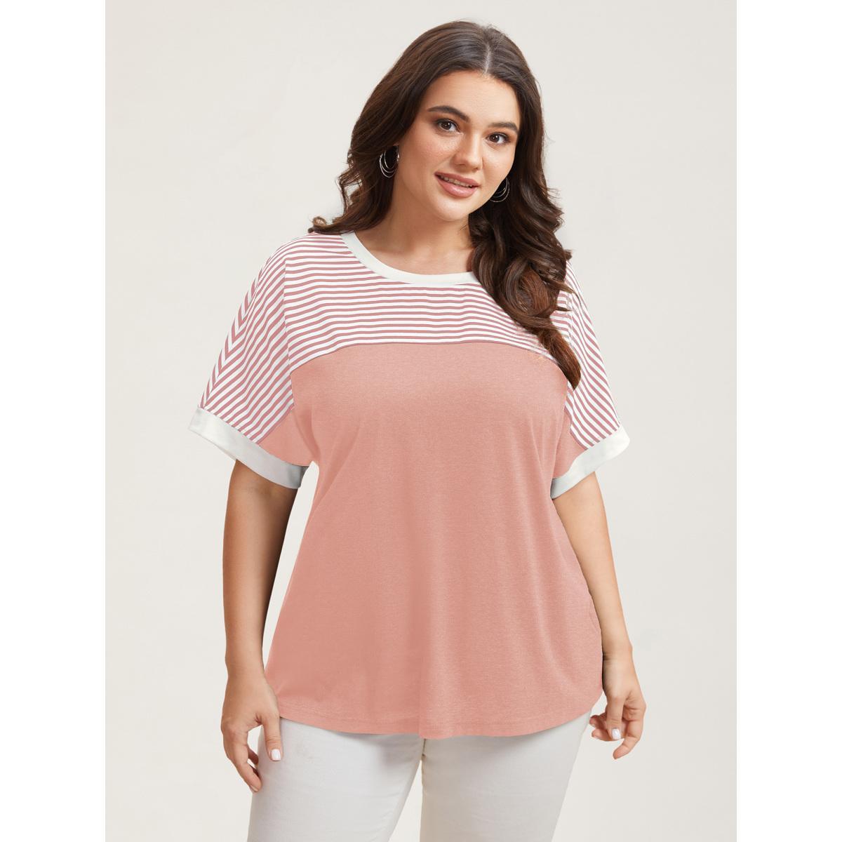Plus Size Solid and Striped Contrast Hem T-Shirt Nudepink Women Casual Contrast Round Neck Everyday T-shirts BloomChic 18-20/2X Product Image