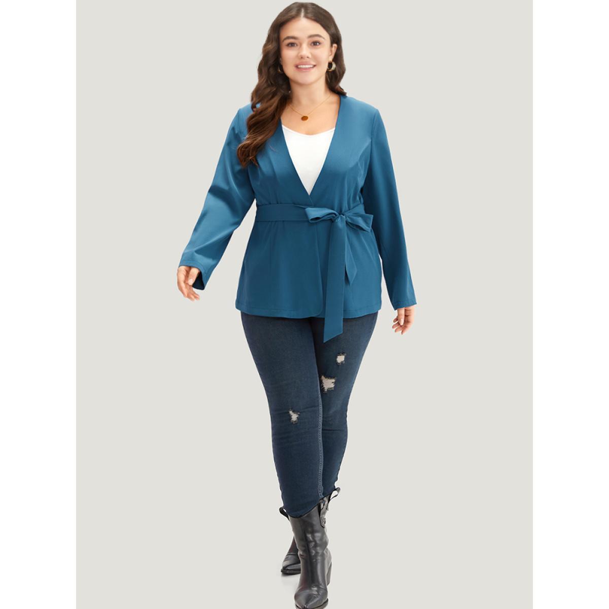 Plus Size Solid Belted Knot Blazer Cerulean Women Dailywear Plain Plain Sleeve Long Sleeve Open Front 12/L Belt Casual Blazers BloomChic Product Image