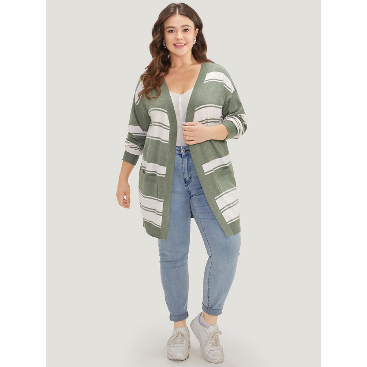 Plus Size Striped Patchwork Open Front Pocket Cardigan Green Women Casual Long Sleeve Everyday Cardigans BloomChic 14-16/1X Product Image