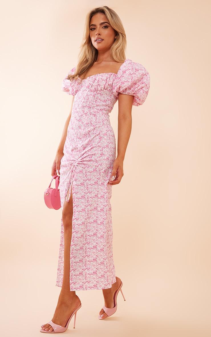 Pink Floral Satin Puff Sleeve Corset Ruched Midaxi Dress Product Image