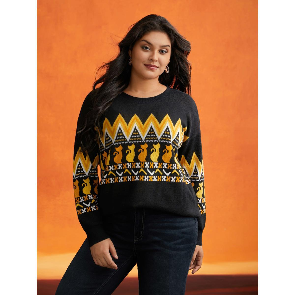 Plus Size Cat Printed Jacquard Fair Isle Pullover Black Women Casual Long Sleeve Round Neck Everyday Pullovers BloomChic 10/M Product Image