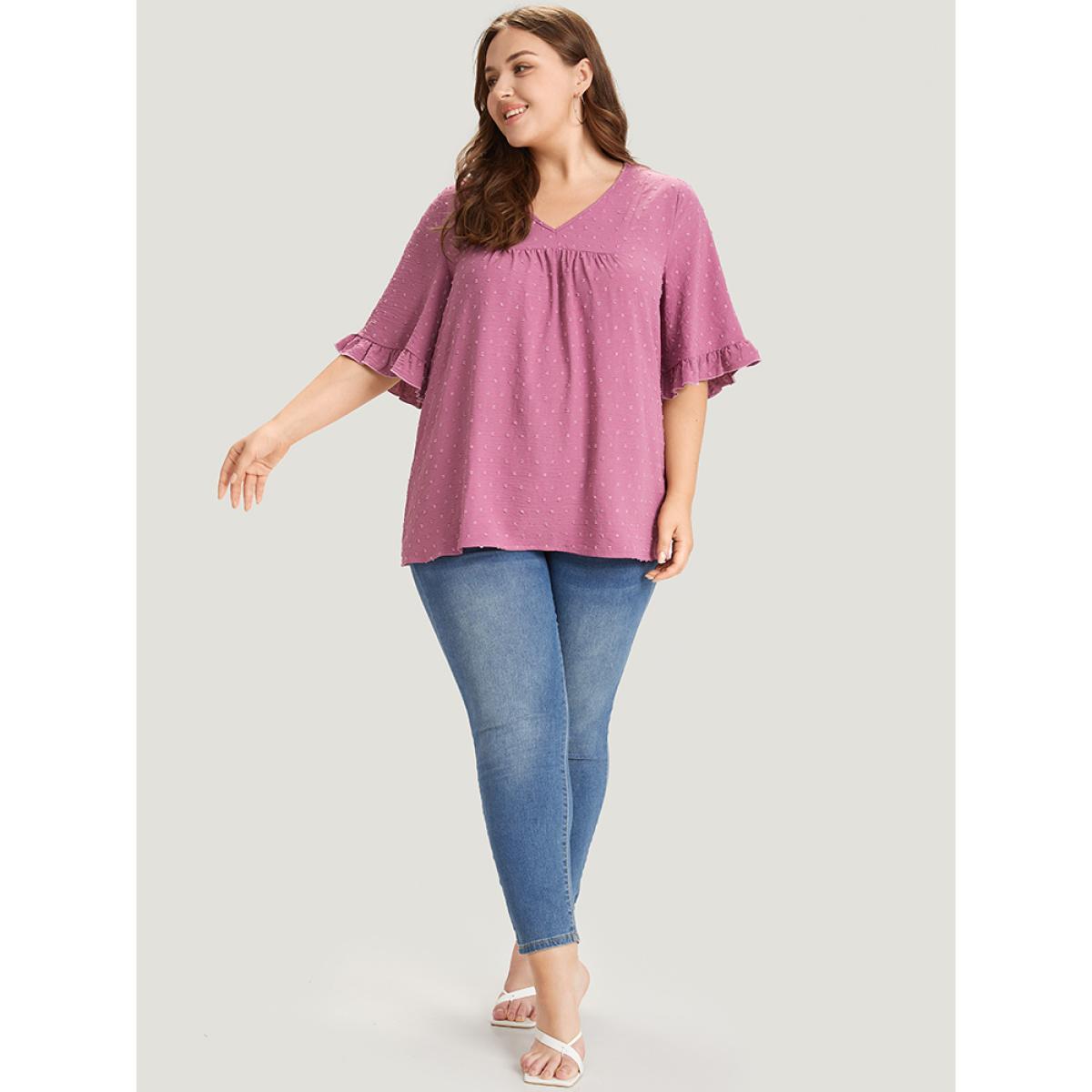 Plus Size Purple Polka Dot Flutter Trim Gathered Blouse Women Elegant Short sleeve V-neck Dailywear Blouses BloomChic 30/6X Product Image