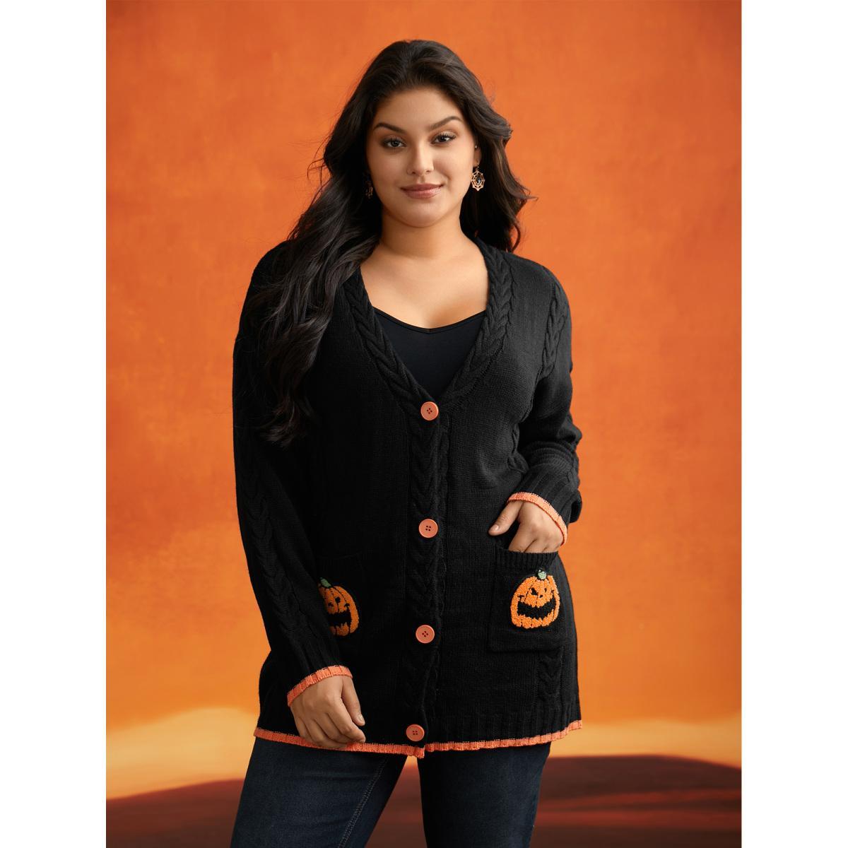 Plus Size Pumpkin Pocket Embroidered Contrasting Cardigan - For Halloween Black Women Casual Loose Long Sleeve Everyday Cardigans BloomChic 28/5X Product Image