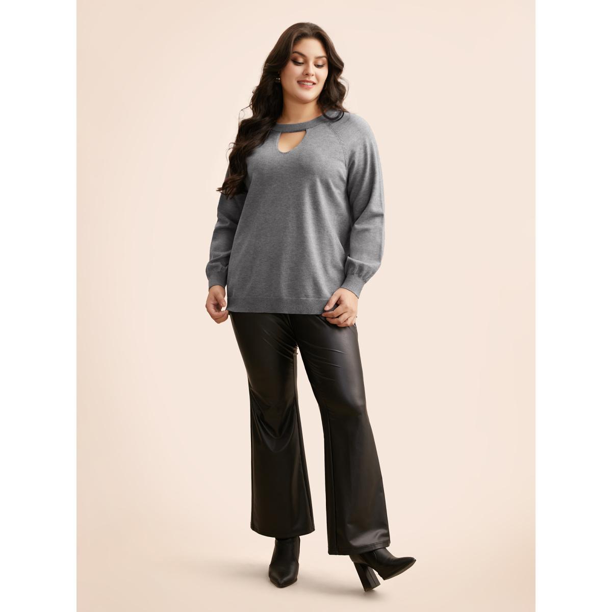 Plus Size Plain Keyhole Puff Sleeve Pullover DarkGray Women Casual Long Sleeve Round Neck Everyday Pullovers BloomChic 14-16/1X Product Image