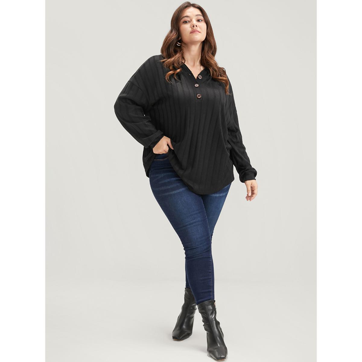 Plus Size Solid Button Rib Knit Arc Hem Hooded Sweatshirt Women Black Elegant Arc Hem Hooded Dailywear Sweatshirts BloomChic 18-20/2X Product Image