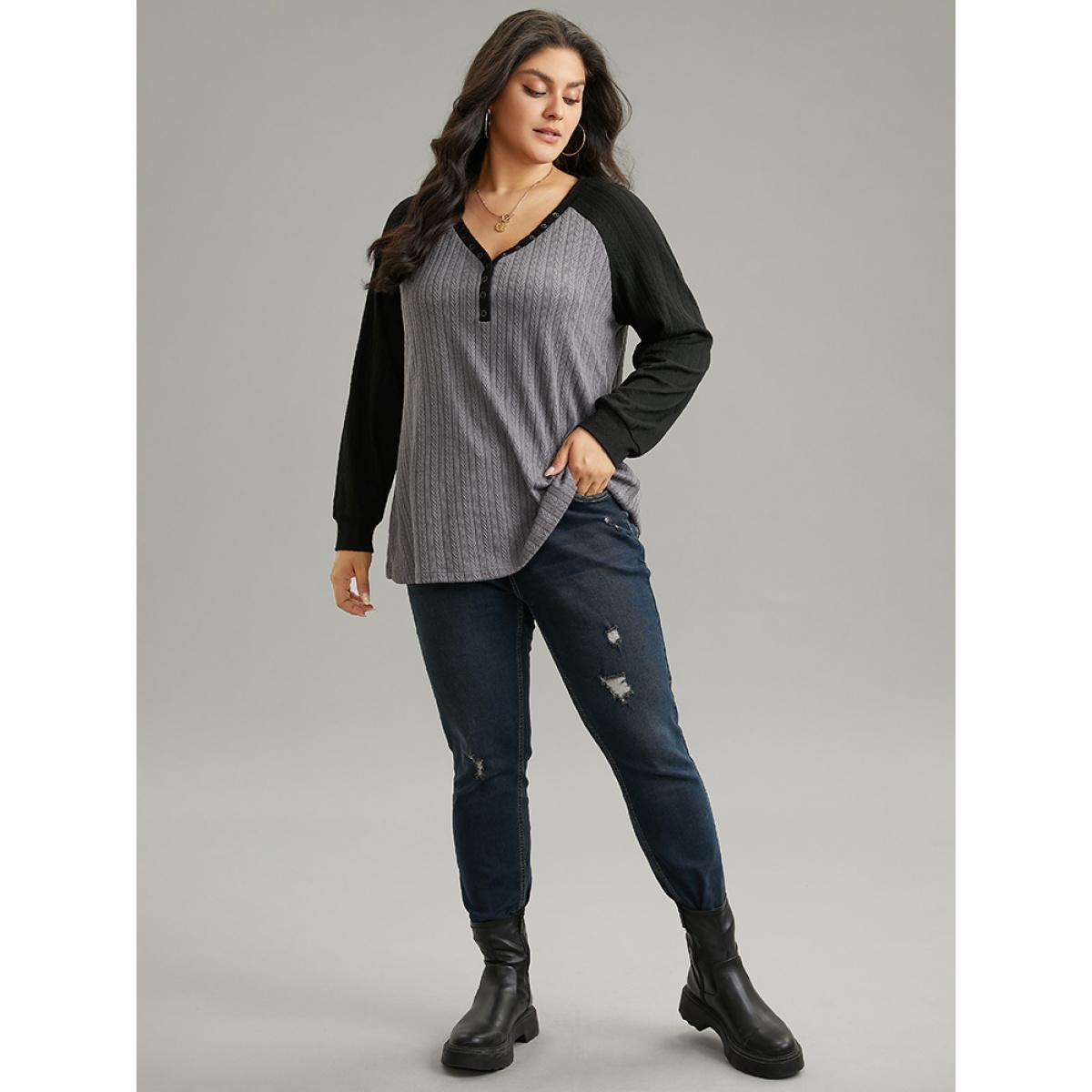 Plus Size Textured Contrast Button Detail Raglan Sleeve Sweatshirt Women Gray Casual Texture V-neck Dailywear Sweatshirts BloomChic 22-24/3X Product Image