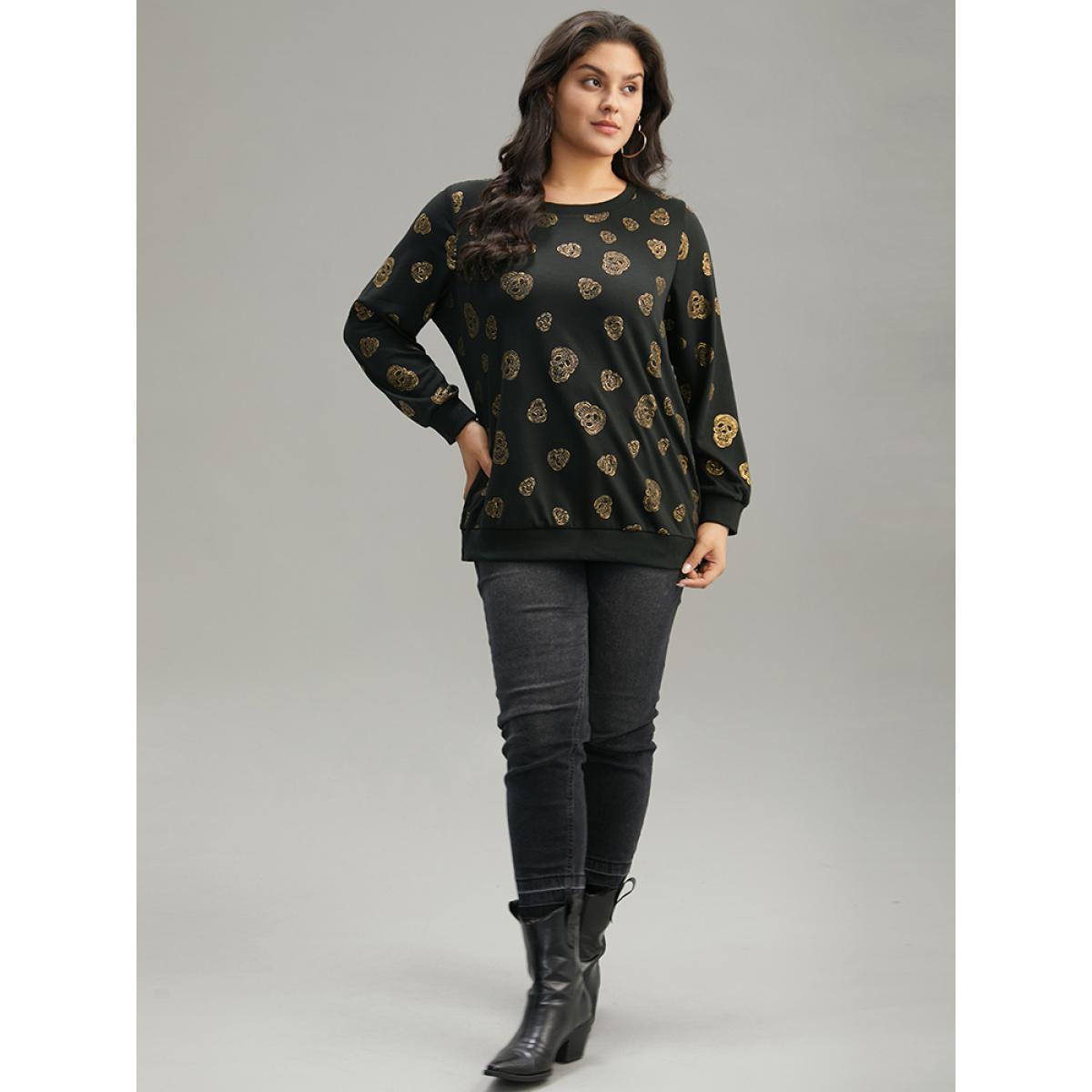 Plus Size Halloween Glitter Skull Print Crew Neck Sweatshirt Women Black Casual Elastic cuffs Round Neck Festival-Halloween Sweatshirts BloomChic 10/M Product Image