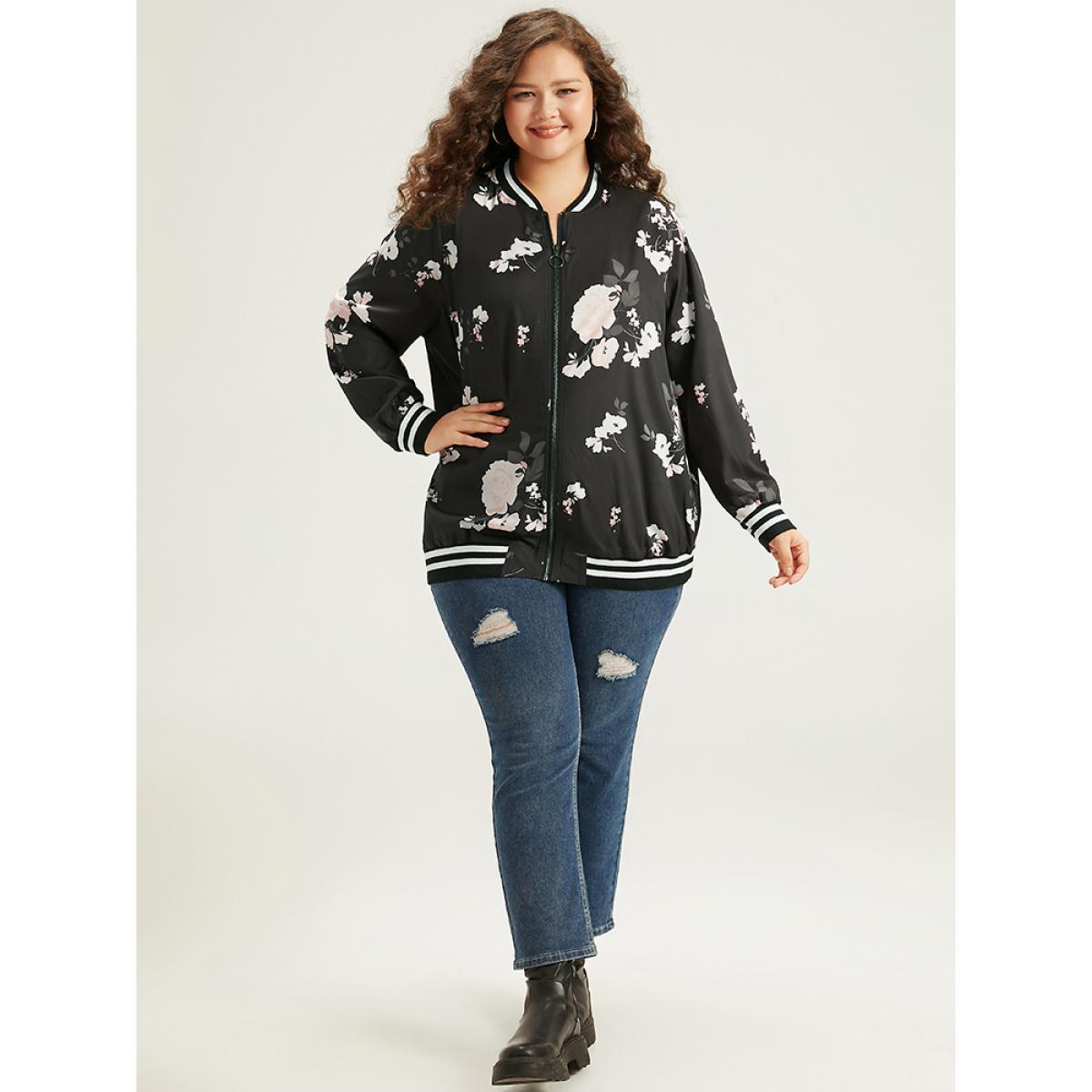 Plus Size Floral Contrast Trim O Ring Zipper Jacket Women Black Elastic cuffs Dailywear Jackets BloomChic 18-20/2X Product Image
