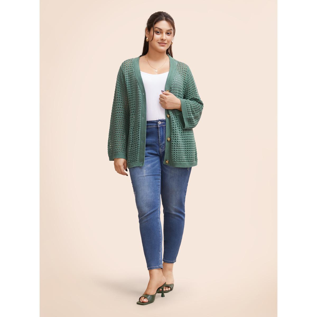 Plus Size Cotton Texture Cut Out Bell Sleeve Cardigan Greenbean Women Casual Loose Long Sleeve Everyday Cardigans BloomChic 22-24/3X Product Image