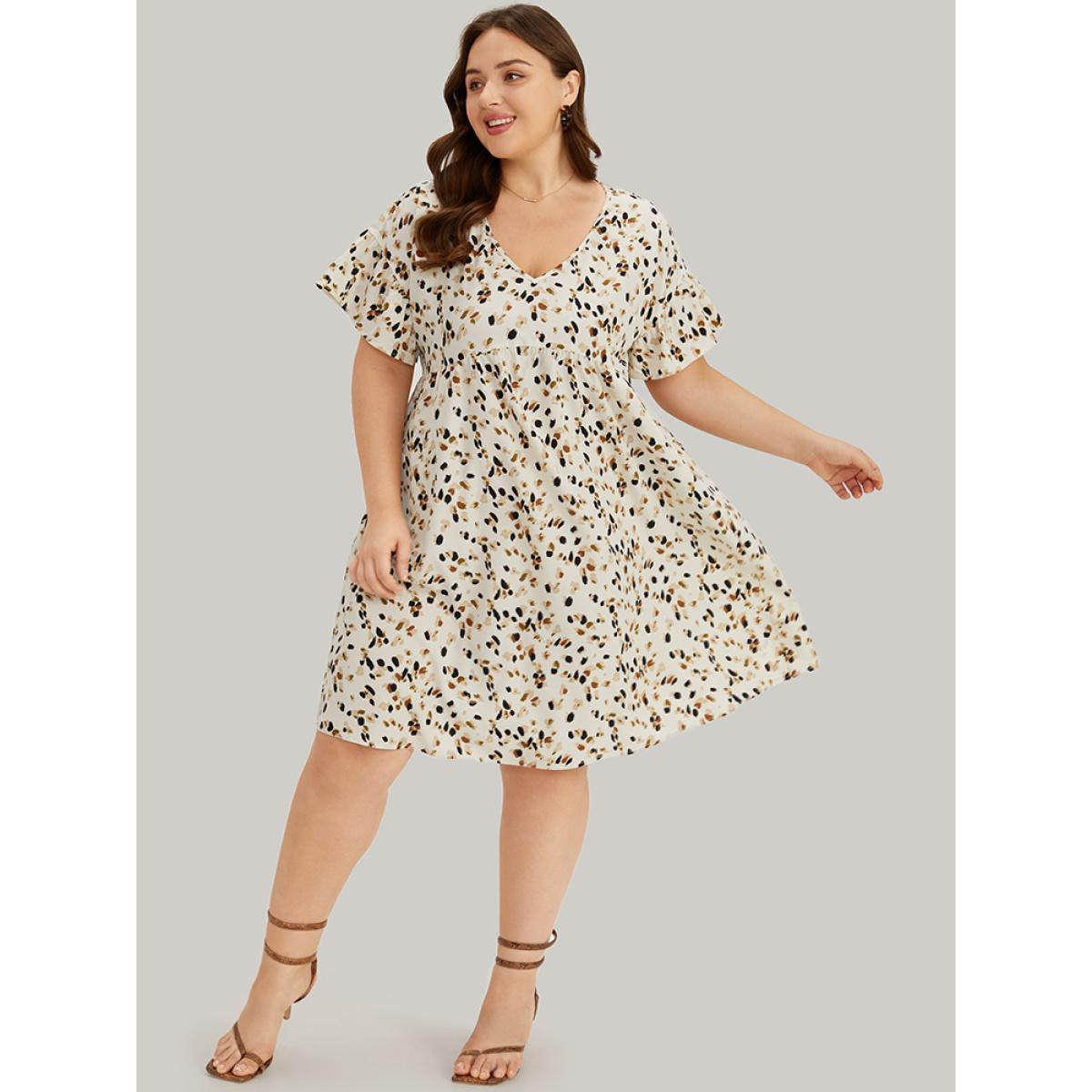 Plus Size Allover Print Pocket V Neck Ruffle Sleeve Dress Leopard Women Elegant Ruffles V-neck Short sleeve Curvy Knee Dress BloomChic 10/M Product Image