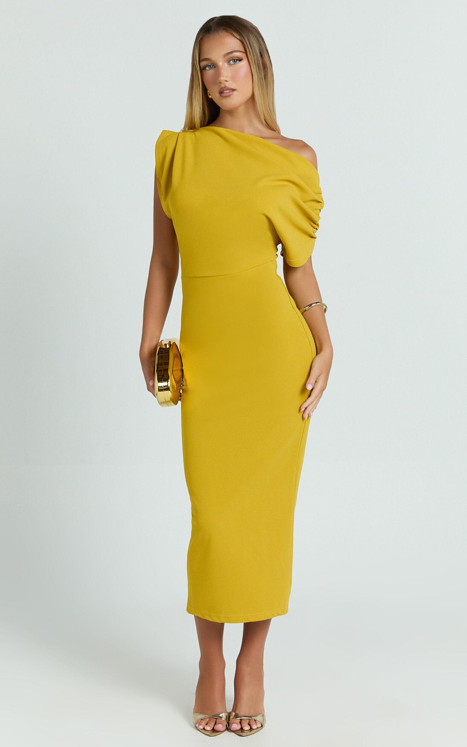 Nalfie Midi Dress - Tipped Shoulder Jersey Drape Dress in Mustard Product Image