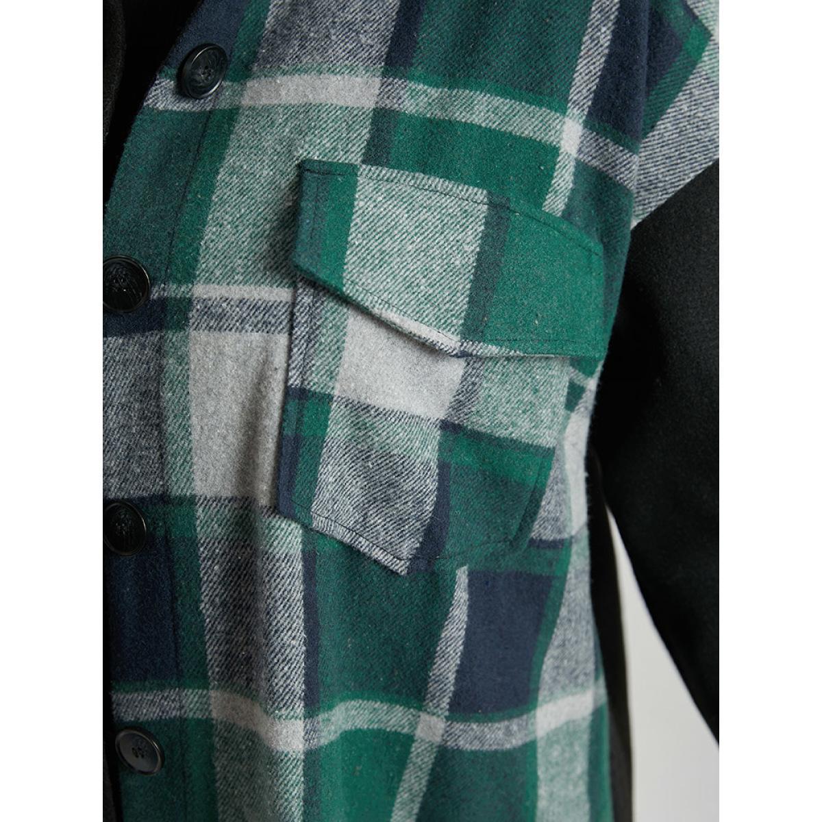 Plus Size Plaid Contrast Patchwork Pocket Button Up Shacket Women Green Contrast Pocket Dailywear Jackets BloomChic 28/5X Product Image