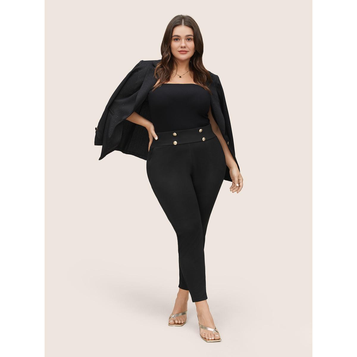 Plus Size Skinny Button Detail High Rise Pants Women Black Workwear Essentials Skinny High Rise Work Pants BloomChic 28/5X Product Image